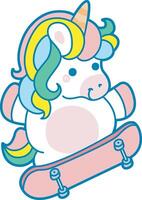 Illustration of cute unicorn activities icon. Funny rainbow unicorn daily routine stickers. Unicorn move with skateboard vector
