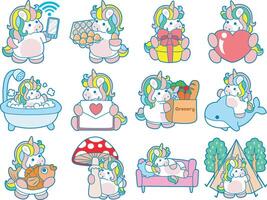 Illustration of cute unicorn activities icon. Funny rainbow unicorn daily routine stickers. Unicorn with any hobby and daily life vector