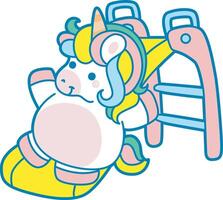 Illustration of cute unicorn activities icon. Funny rainbow unicorn daily routine stickers. Unicorn sliding in the playground vector