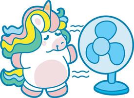 Illustration of cute unicorn activities icon. Funny rainbow unicorn daily routine stickers. Unicorn with fan in the summer vector