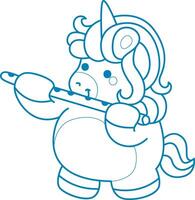 Printable outline Unicorn templates for coloring children's book. Unicorn playing a flute vector