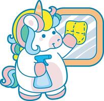 Illustration of cute unicorn activities icon. Funny rainbow unicorn daily routine stickers. Unicorn wiping a window vector