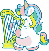 Illustration of cute unicorn activities icon. Funny rainbow unicorn daily routine stickers. Unicorn playing harpa vector