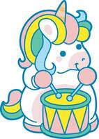 Illustration of cute unicorn activities icon. Funny rainbow unicorn daily routine stickers. Unicorn playing a drum in the festival vector