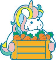 Illustration of cute unicorn activities icon. Funny rainbow unicorn daily routine stickers. Unicorn bring a lot of carrot vector