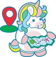 Illustration of cute unicorn activities icon. Funny rainbow unicorn daily routine stickers. Unicorn open the map vector