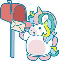 Illustration of cute unicorn activities icon. Funny rainbow unicorn daily routine stickers.Unicorn send a message by mail box vector