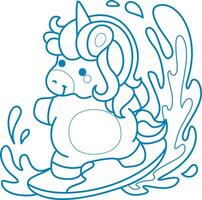 Printable outline Unicorn templates for coloring children's book. Unicorn surfing in the wave vector