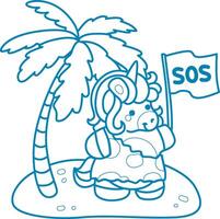 Printable outline Unicorn templates for coloring children's book. Unicorn in the empty island with SOS flag vector
