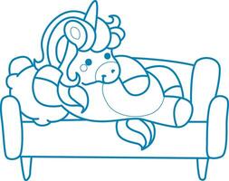 Printable outline Unicorn templates for coloring children's book. Unicorn lay in the chair vector