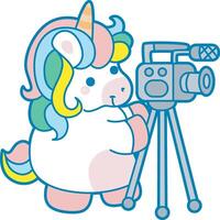 Illustration of cute unicorn activities icon. Funny rainbow unicorn daily routine stickers. Unicorn want to make content vector