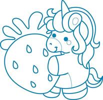Printable outline Unicorn templates for coloring children's book. Unicorn bring a big strawberry vector