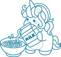 Printable outline Unicorn templates for coloring children's book. Unicorn pour milk into cereal vector