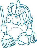 Printable outline Unicorn templates for coloring children's book. Unicorn bring a broom and duster vector