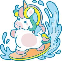 Illustration of cute unicorn activities icon. Funny rainbow unicorn daily routine stickers. Unicorn surfing in the wave vector