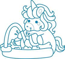 Printable outline Unicorn templates for coloring children's book. Unicorn cleaning a plate with sponge and soap vector