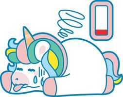 Illustration of cute unicorn activities icon. Funny rainbow unicorn daily routine stickers. Unicorn in the low energy vector