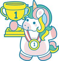 Illustration of cute unicorn activities icon. Funny rainbow unicorn daily routine stickers. Unicorn is the winner number rone vector