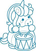 Printable outline Unicorn templates for coloring children's book. Unicorn playing drum in the festival vector