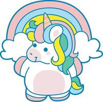 Illustration of cute unicorn activities icon. Funny rainbow unicorn daily routine stickers.Unicorn in front of rainbow vector