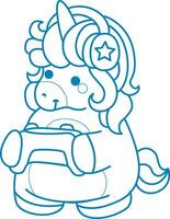 Printable outline Unicorn templates for coloring children's book. Unicorn playing game with joystick vector