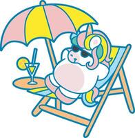 Illustration of cute unicorn activities icon. Funny rainbow unicorn daily routine stickers. Unicorn in the beach with orange juice vector
