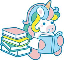 Illustration of cute unicorn activities icon. Funny rainbow unicorn daily routine stickers. Unicorn reading a book vector