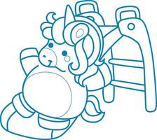 Printable outline Unicorn templates for coloring children's book. Unicorn sliding in the playground vector