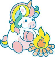 Illustration of cute unicorn activities icon. Funny rainbow unicorn daily routine stickers. Unicorn with fire fighter in the camp vector