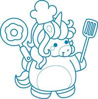 Printable outline Unicorn templates for coloring children's book. Unicorn chef want to cooking egg with pan and spatula vector