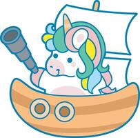 Illustration of cute unicorn activities icon. Funny rainbow unicorn daily routine stickers. Unicorn in the boat and bring a telescope vector