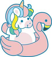 Illustration of cute unicorn activities icon. Funny rainbow unicorn daily routine stickers. Unicorn want to swimming with flamingo tire vector