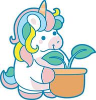 Illustration of cute unicorn activities icon. Funny rainbow unicorn daily routine stickers. Unicorn bring a pot of leaves vector