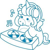 Printable outline Unicorn templates for coloring children's book. Unicorn is the DJ in the clubbing vector