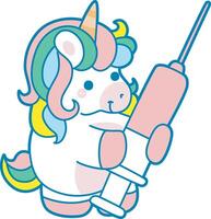 Illustration of cute unicorn activities icon. Funny rainbow unicorn daily routine stickers. Unicorn want to injection vector