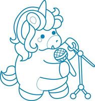 Printable outline Unicorn templates for coloring children's book. Unicorn sing a song with microphone vector