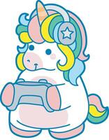 Illustration of cute unicorn activities icon. Funny rainbow unicorn daily routine stickers. Unicorn playing a game with joystick and headphone vector
