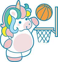 Illustration of cute unicorn activities icon. Funny rainbow unicorn daily routine stickers. Unicorn playing basketball vector