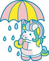 Illustration of cute unicorn activities icon. Funny rainbow unicorn daily routine stickers. Unicorn bring an umbrella in the weather vector