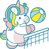 Illustration of cute unicorn activities icon. Funny rainbow unicorn daily routine stickers. Unicorn playing volleyball vector