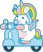 Illustration of cute unicorn activities icon. Funny rainbow unicorn daily routine stickers. Unicorn riding a motrocycle vector