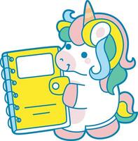 Illustration of cute unicorn activities icon. Funny rainbow unicorn daily routine stickers. Unicorn bring a yellow notebook vector