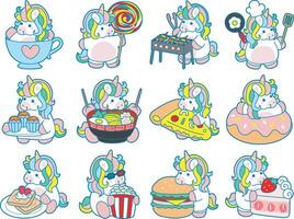Illustration of cute unicorn activities icon. Funny rainbow unicorn daily routine stickers. Unicorn in the variation of food vector