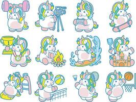 Illustration of cute unicorn activities icon. Funny rainbow unicorn daily routine stickers. Unicorn with any sport and activity vector