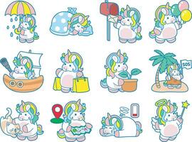 Illustration of cute unicorn activities icon. Funny rainbow unicorn daily routine stickers. Unicorn with activity routine vector