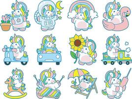 Illustration of cute unicorn activities icon. Funny rainbow unicorn daily routine stickers. Unicorn with any transportation and imagination vector
