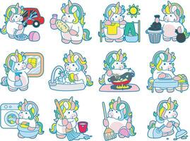 Illustration of cute unicorn activities icon. Funny rainbow unicorn daily routine stickers. Unicorn with variation of chores vector