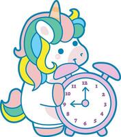 Illustration of cute unicorn activities icon. Funny rainbow unicorn daily routine stickers. Unicorn bring an alarm clock vector