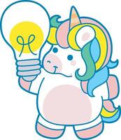 Illustration of cute unicorn activities icon. Funny rainbow unicorn daily routine stickers. Unicorn have an idea vector