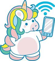 Illustration of cute unicorn activities icon. Funny rainbow unicorn daily routine stickers. Unicorn find a signel internet vector